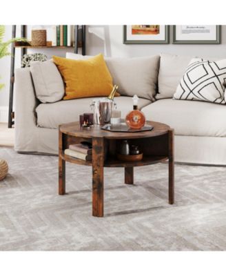 29.5'' 2-Tier Round Coffee Table w/ Storage 4 Shelves Faux Wooden Top