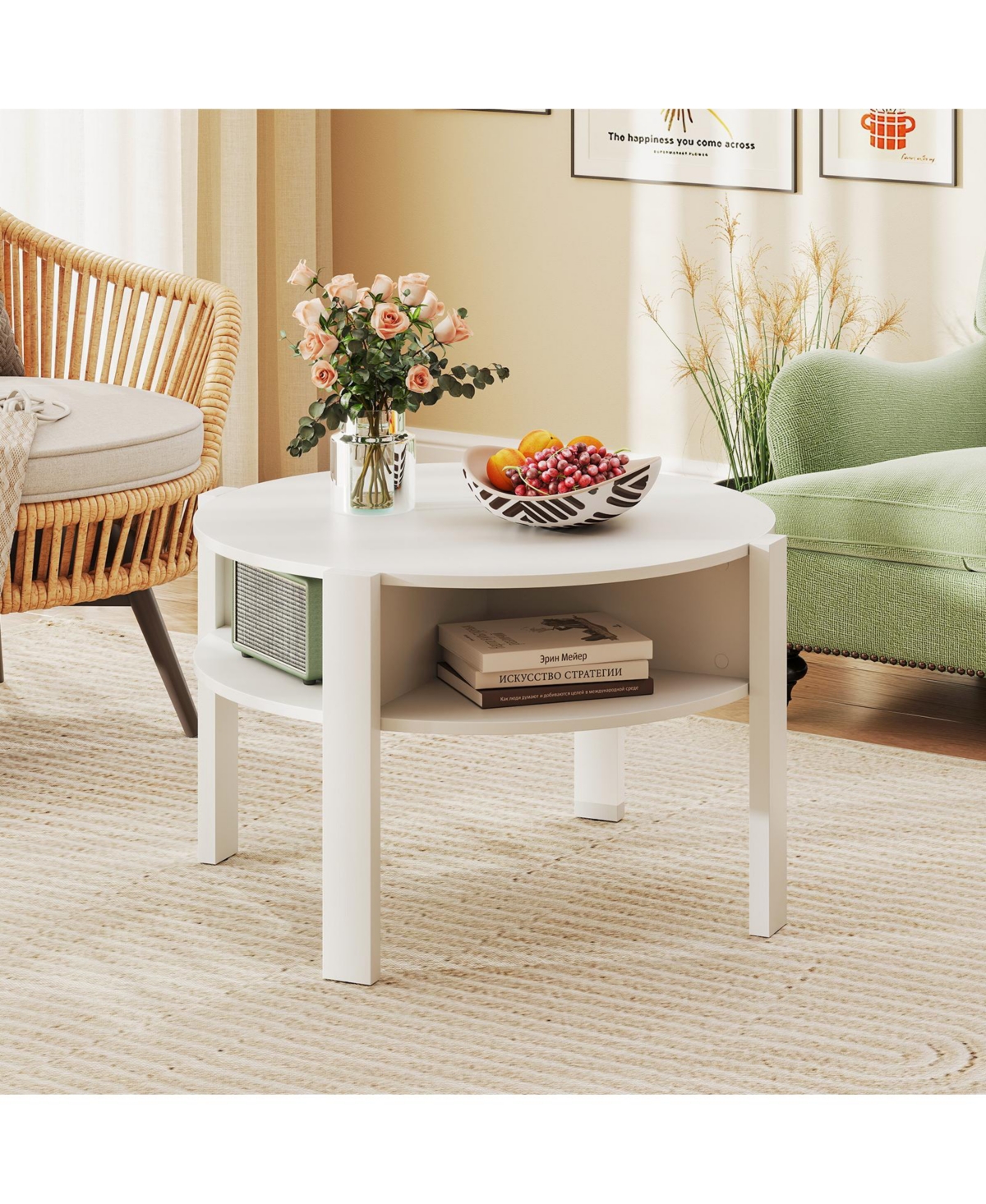 Gymax 29.5'' 2-Tier Round Coffee Table w/ Storage 4 Shelves Faux Wooden Top