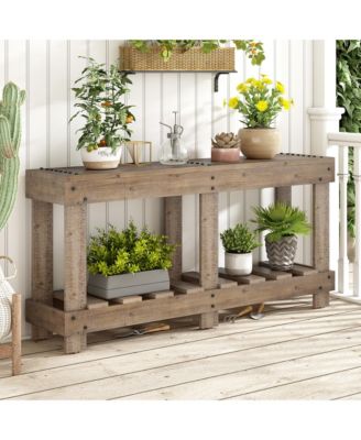 62.9" Vintage Entryway Table , 6 Reinforced Legs & 4.5" Thick Desktop, Metal Rivet Decor & Plank Under-Shelf, Console Table