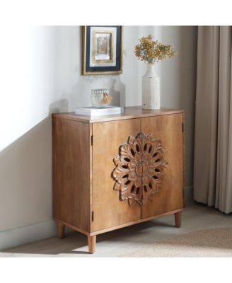 Hand Carved Floral Accent Cabinet Rustic Boho Storage Two Door Hallway Sideboard