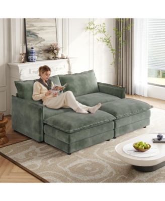 Corduroy 2-Seater Sofa with Footrests & Cushions