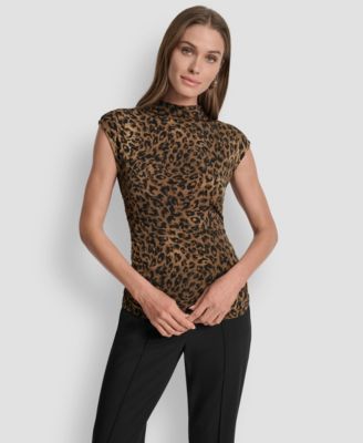Women's Printed Mock Neck Cap-Sleeve Top