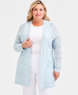 Plus Size Metallic Pointelle Knit Open-Front Cardigan