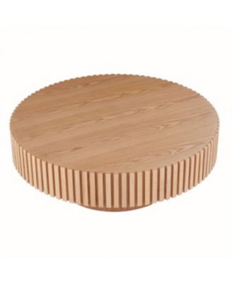 35.43" Round Wood Coffee Table for Living Room, Modern Handcraft Drum Table.