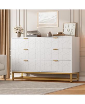 47.2" Wide Modern 6 Drawer Dresser, Wide Chest with Gold Metal Legs & Handles, Wood Storage Organizer for Bedroom, Living Room