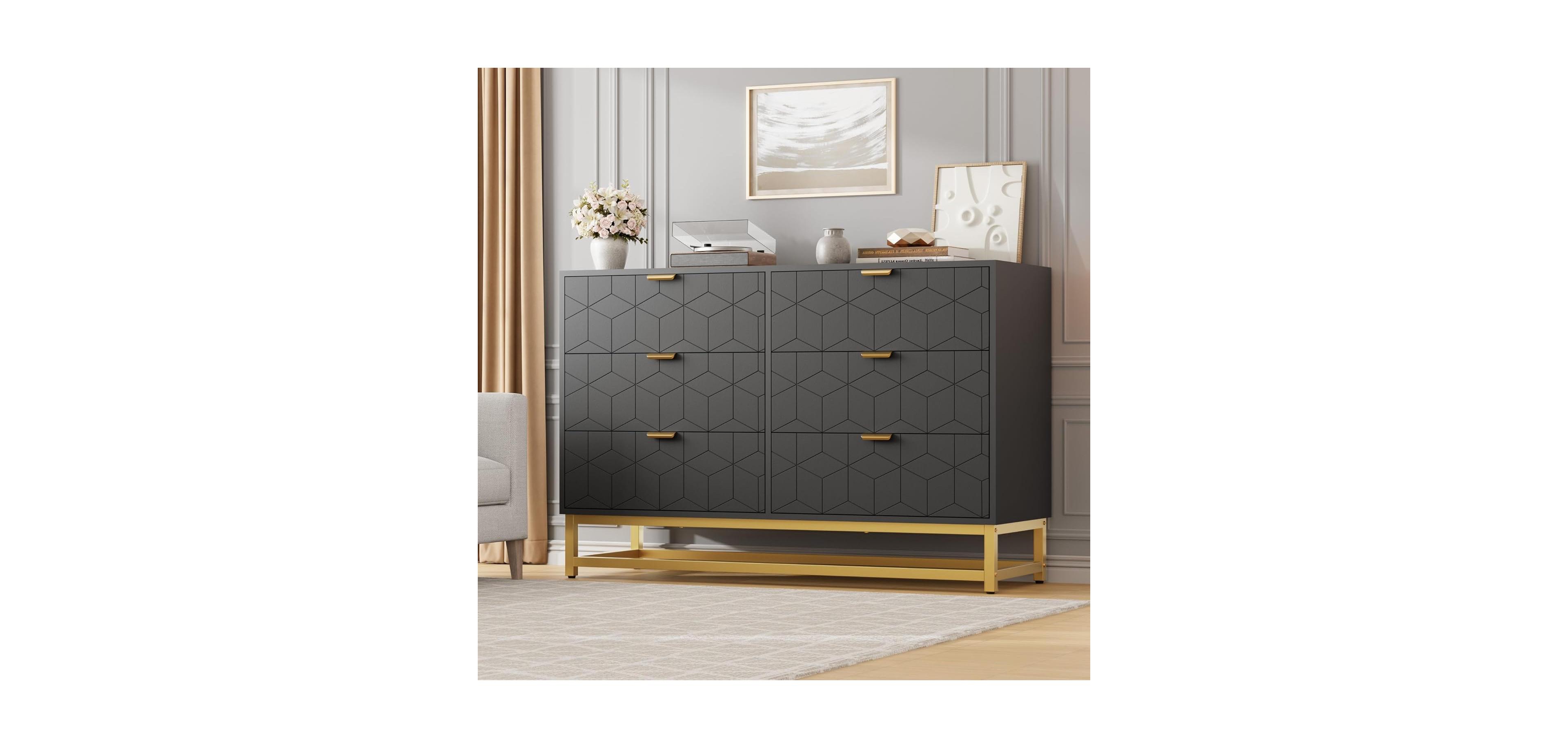 Gaomon 47.2" Wide Modern 6 Drawer Dresser, Chest with Gold Metal Legs & Handles, Wood Storage Organizer for Bedroom, Living Room