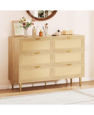 Rattan 6 Drawer Dresser, Wide Double Dresser with Gold Handles & Legs, Modern Chest with Large Storage for Bedroom or Living Room