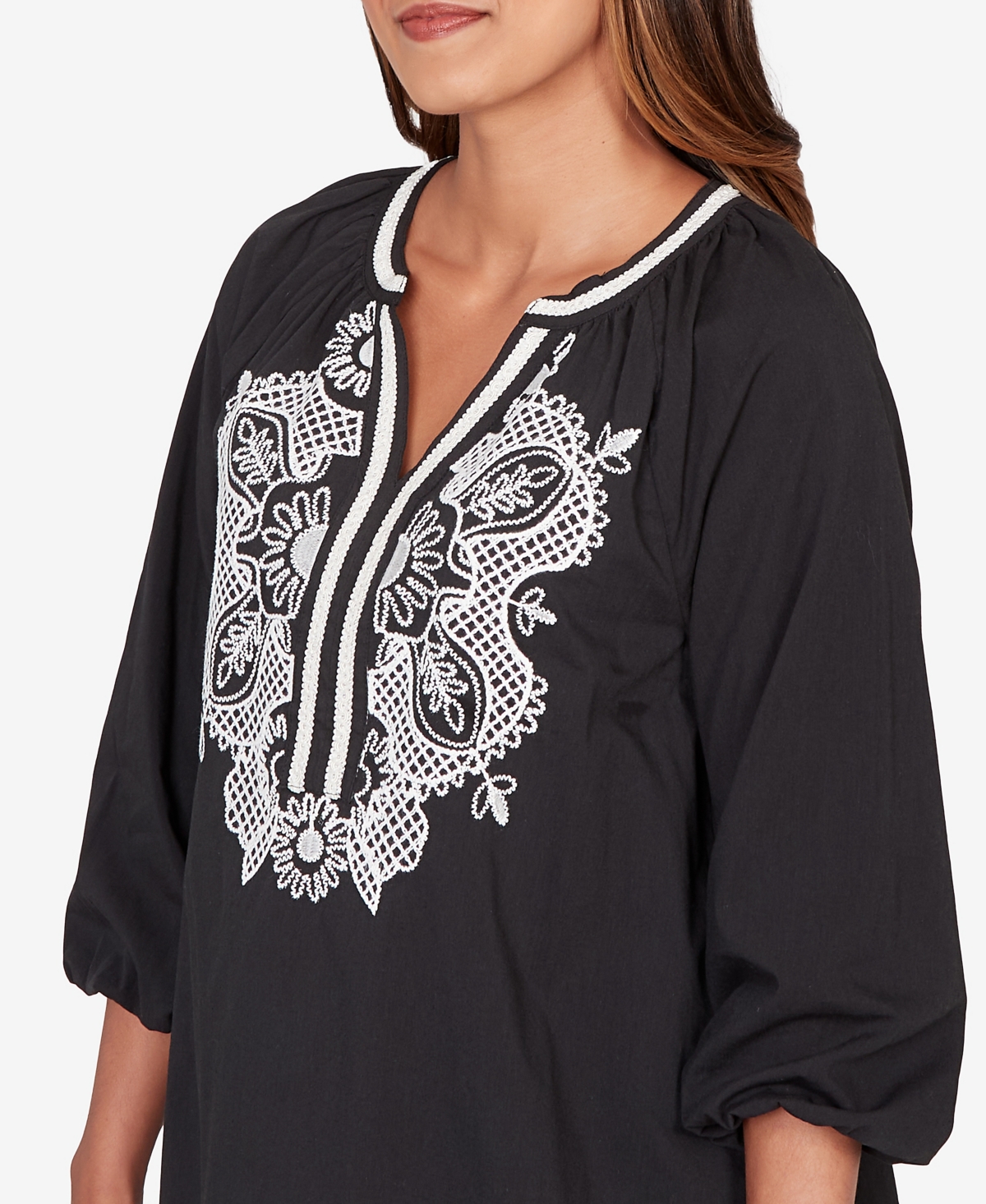 Ruby Rd. Petite Embroidered Soft Poplin Peasant Top