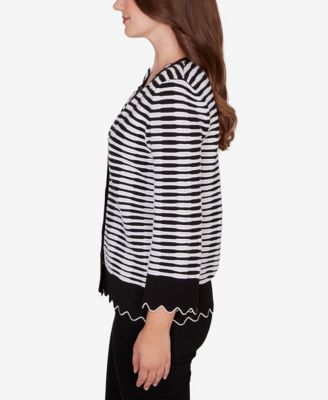 Petite Scallop Trim Striped Button Cardigan Sweater