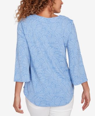 Petite Horseshoe Neck Solid Floral Jacquard Top