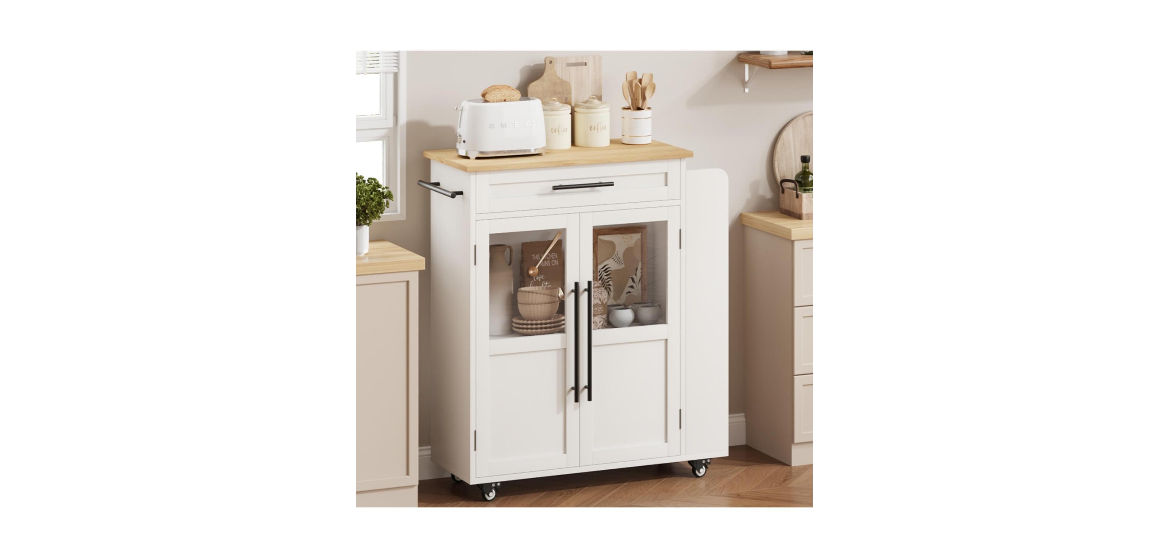 gaomon 42" Kitchen Island Cart with Solid Wood Top, Drawer, 3-Tier Shelves, Locking Wheels, Glass Doors