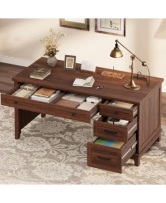 53.5" Farmhouse Executive Desk with File Drawers, Charging Station, Computer Desk with Storage, Home Office Writing Table