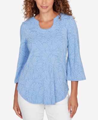 Petite Horseshoe Neck Solid Floral Jacquard Top