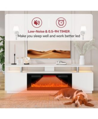 80" TV Stand with 36" Electric Fireplace, 12 Flame Colors, Glass Shelves, Storage Cabinets, White Finish