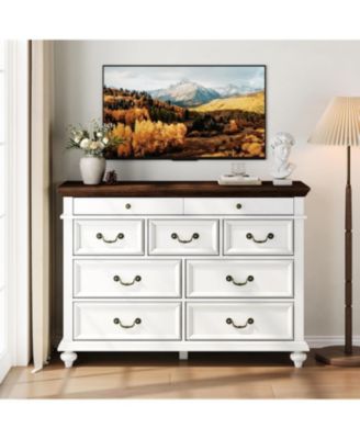 9-drawer rustic dresser, 47" wide with vintage metal handles, perfect for bedroom, closet, or living room storage.