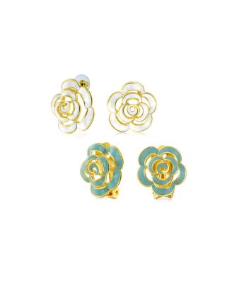 Set of 2 Fashion Enamel 3D Blue White Rose Flower Clip-On Earrings Gold Plated