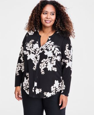 Plus Size Zip-Pocket V-Neck Long-Sleeve Top
