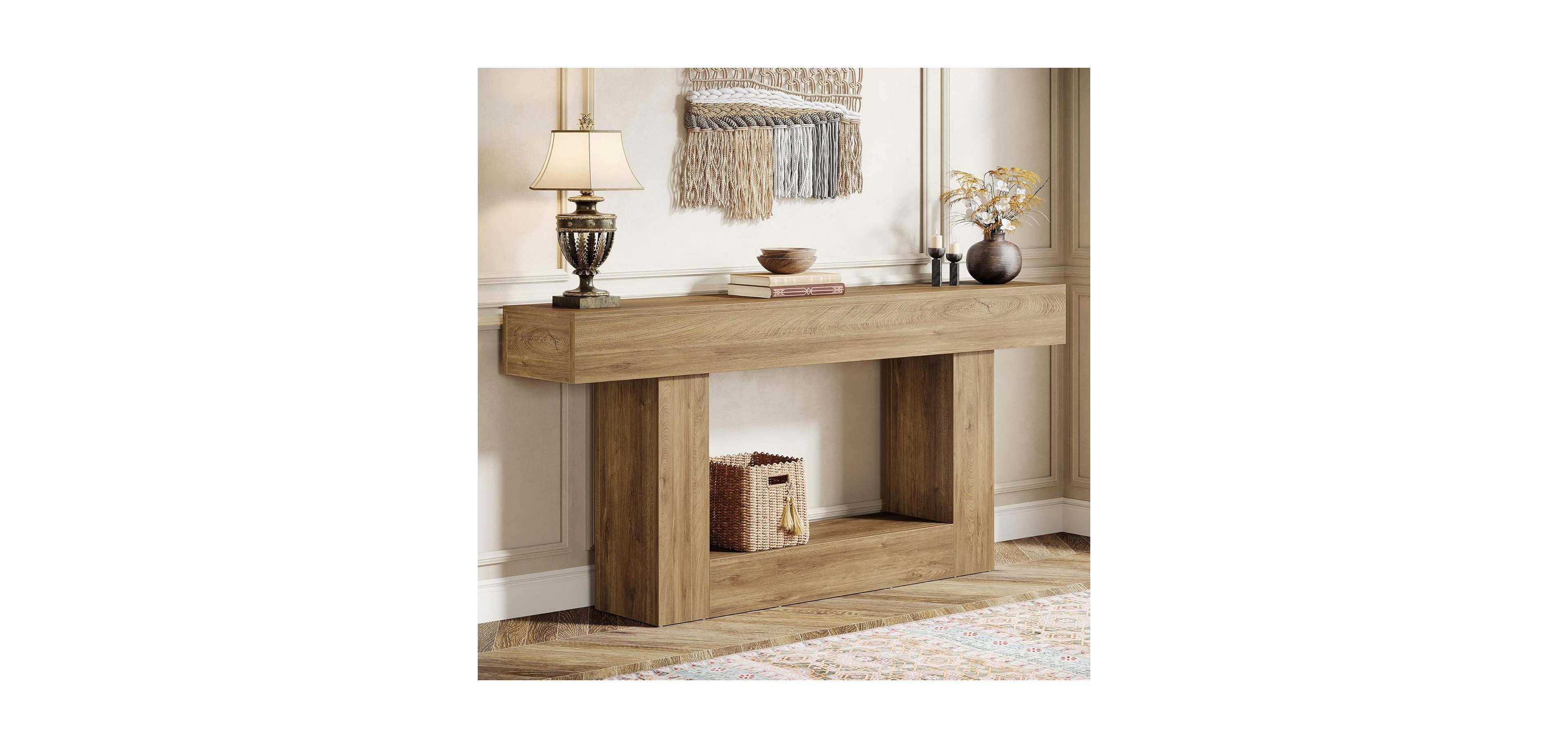 Tribesigns 63" Console Table, Farmhouse 2-Tier Entryway Table with U-Shaped Base, Light Brown