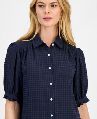 Women's Checked Short-Sleeve Smocked Blouse