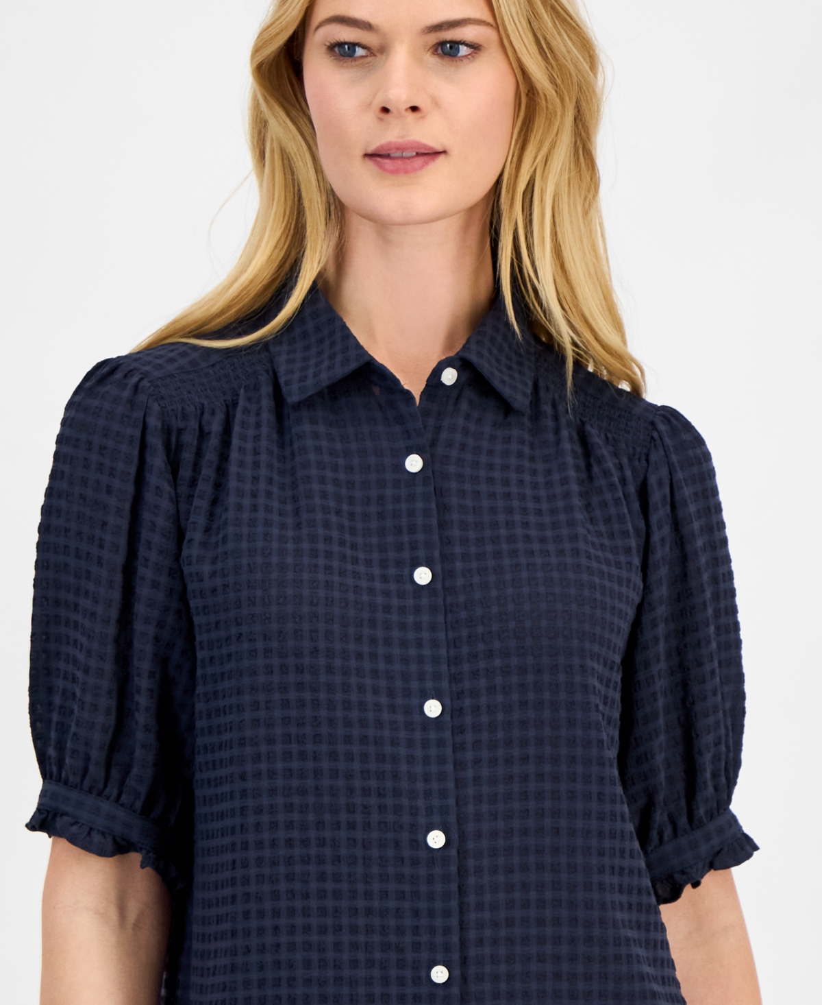 Nautica Women's Checked Short-Sleeve Smocked Blouse