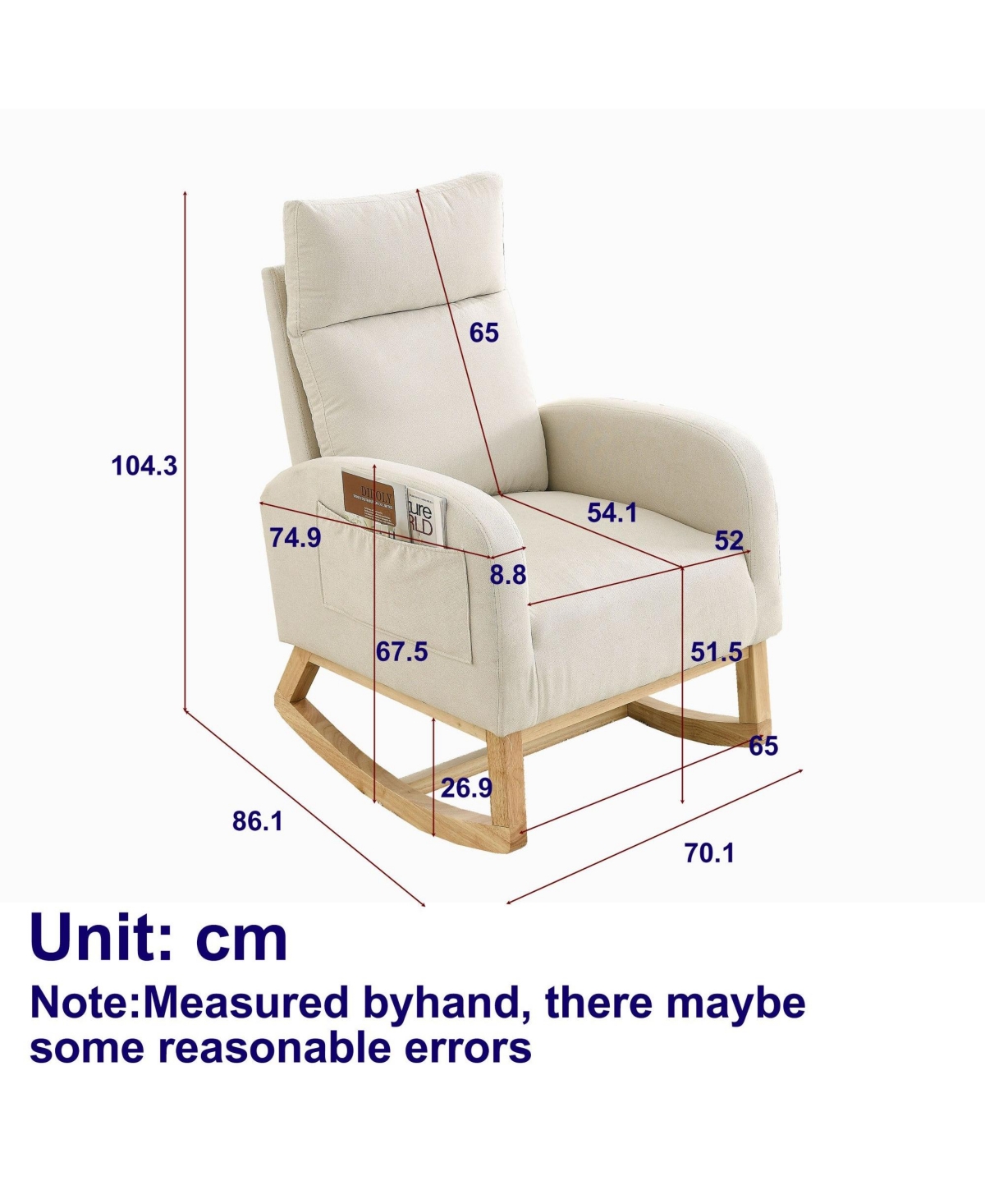 Boyel Living 27.6" W Modern Accent High Backrest Living Room Lounge Arm Rocking Chair, Two Side Pocket