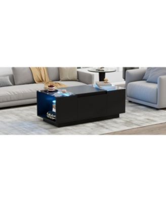 LED Coffee Table – Modern High-Gloss Center Table with Glass Top, Open Storage & 2 Hidden Drawers