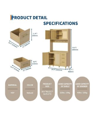 71" Kitchen Pantry Cabinet with Rattan Doors, 3 Drawers, 6 Hooks & Adjustable Shelves – Freestanding Storage Buffet, Natural