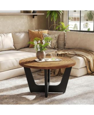 Round Solid Wood Coffee Table, Farmhouse 31.5" Small Center Tea Table with Ring Groove