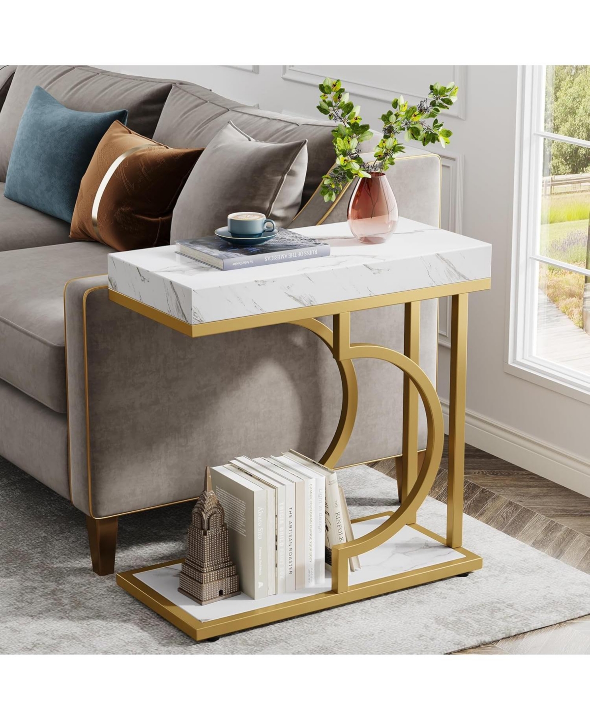 Tribesigns Narrow Side Table White Gold C Shaped End Table Modern Bedside Tables Small Chairside Table for Couch