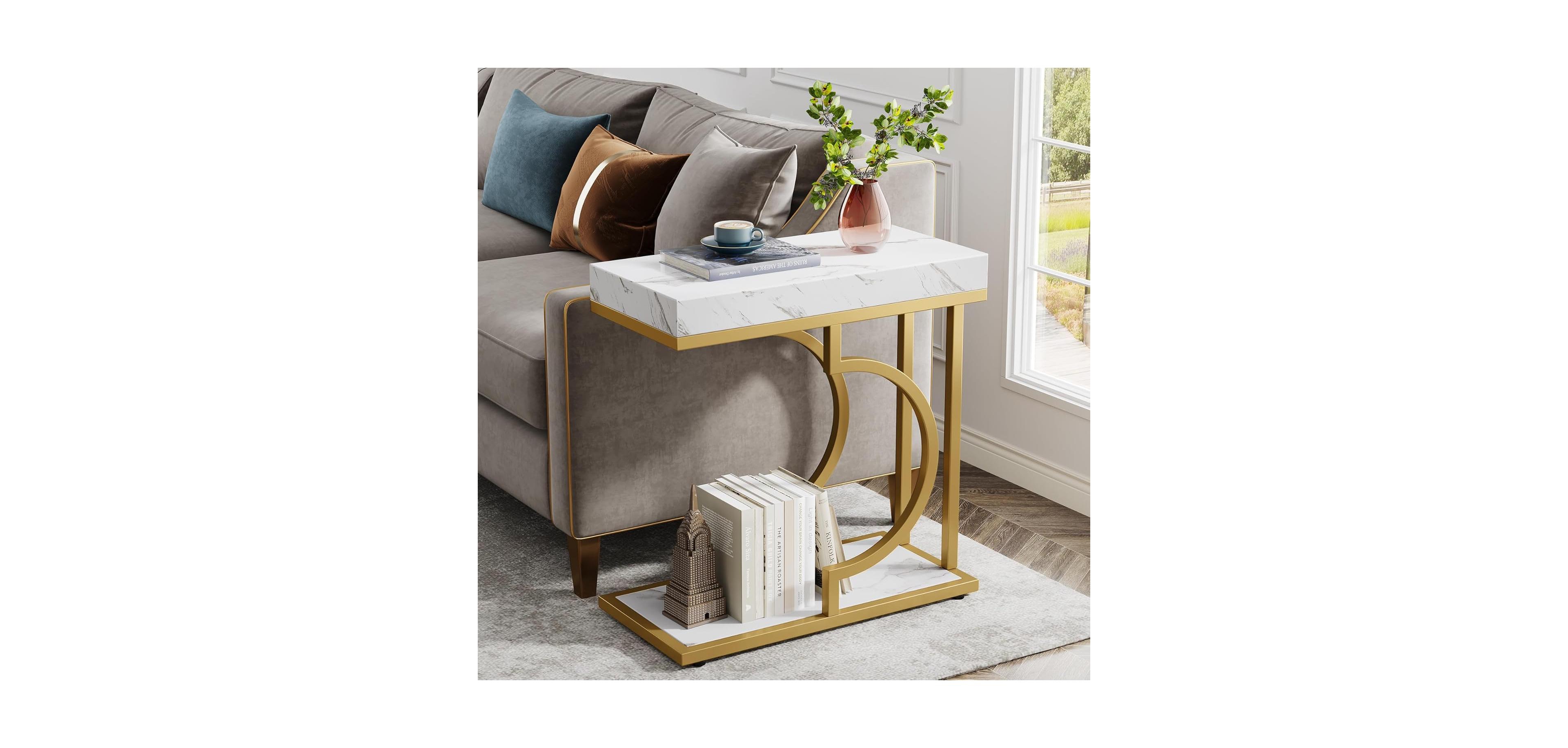 Tribesigns Narrow Side Table White Gold C Shaped End Table Modern Bedside Tables Small Chairside Table for Couch