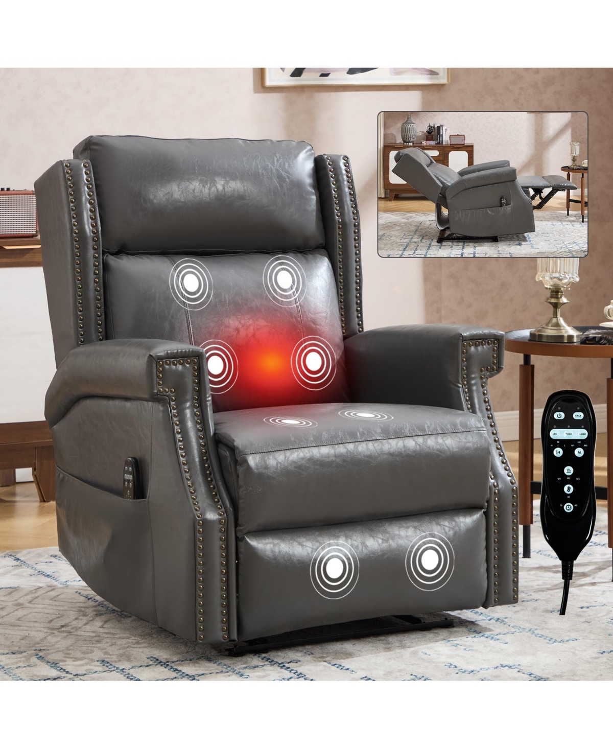 Boyel Living Faux Leather Manual Recliner Chair for Room with 8 Vibrating Nodes and 155-Degree Recline