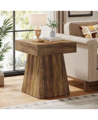 Small End Table, Rustic Square Side Table with Wide Base, Farmhouse Small Nightstand Beside Bed, Next to Armchair, for Living Room, Brown