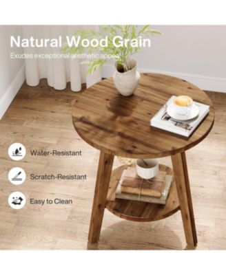 Solid Wood Round End Table, Sofa Side Table with Storage Shelf, Farmhouse Nightstand for Living Room, Bedroom