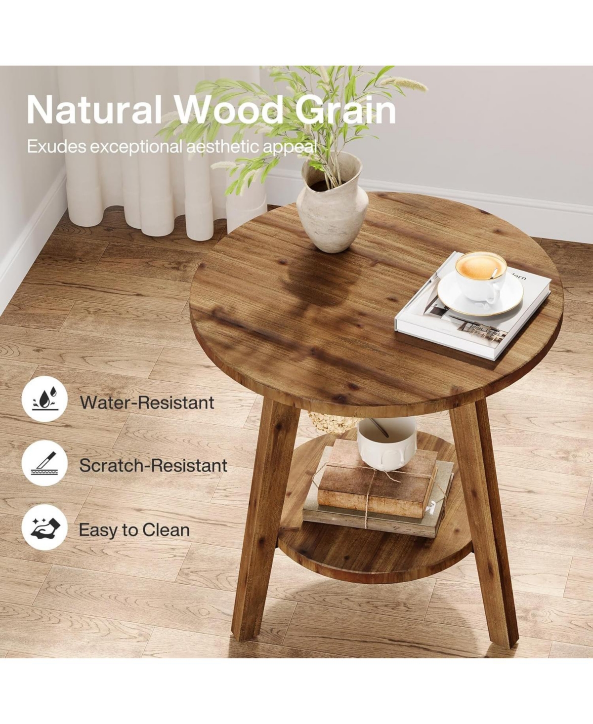 Tribesigns Solid Wood Round End Table, Sofa Side Table with Storage Shelf, Farmhouse Nightstand for Living Room, Bedroom