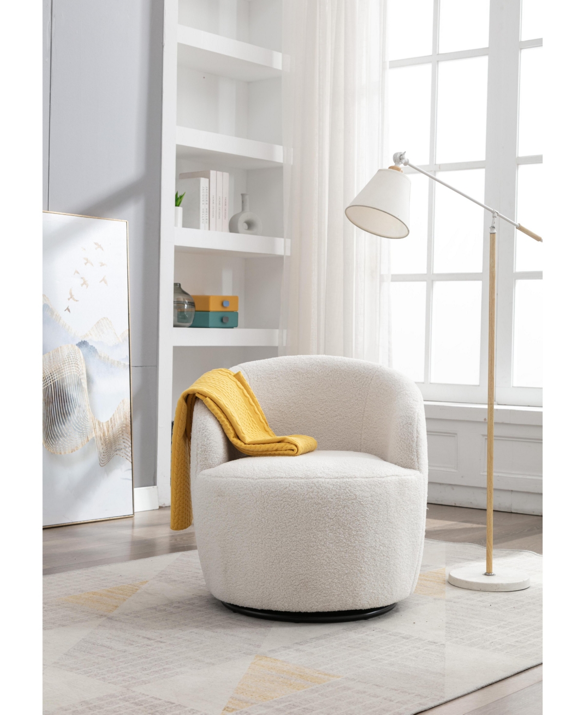 Cesicia Teddy Fabric Swivel Accent Armchair With Black Powder Coating Metal Ring