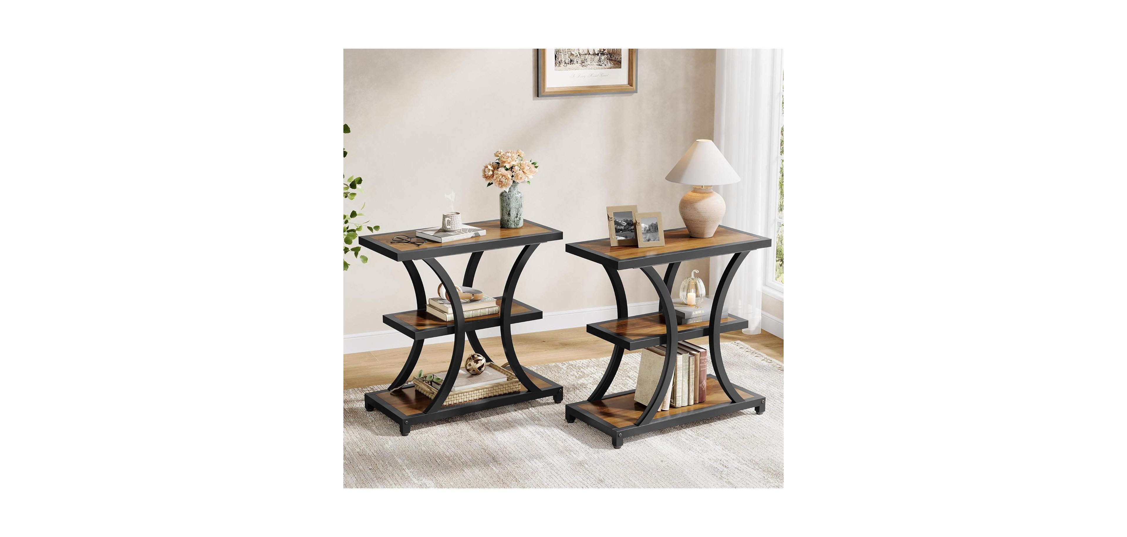 Tribesigns End Table with Storage Set of 2, 3-Tier Side Table with Geometric Metal Design, Industrial Nightstand