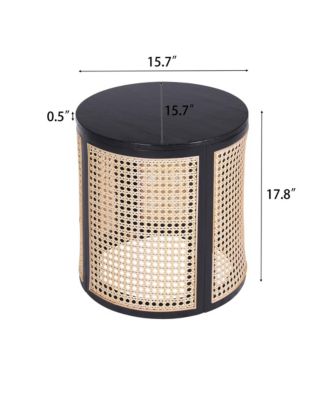 15.70" Round End Table, Hollow Woven Side Table, Small Rubber Wood Nightstand