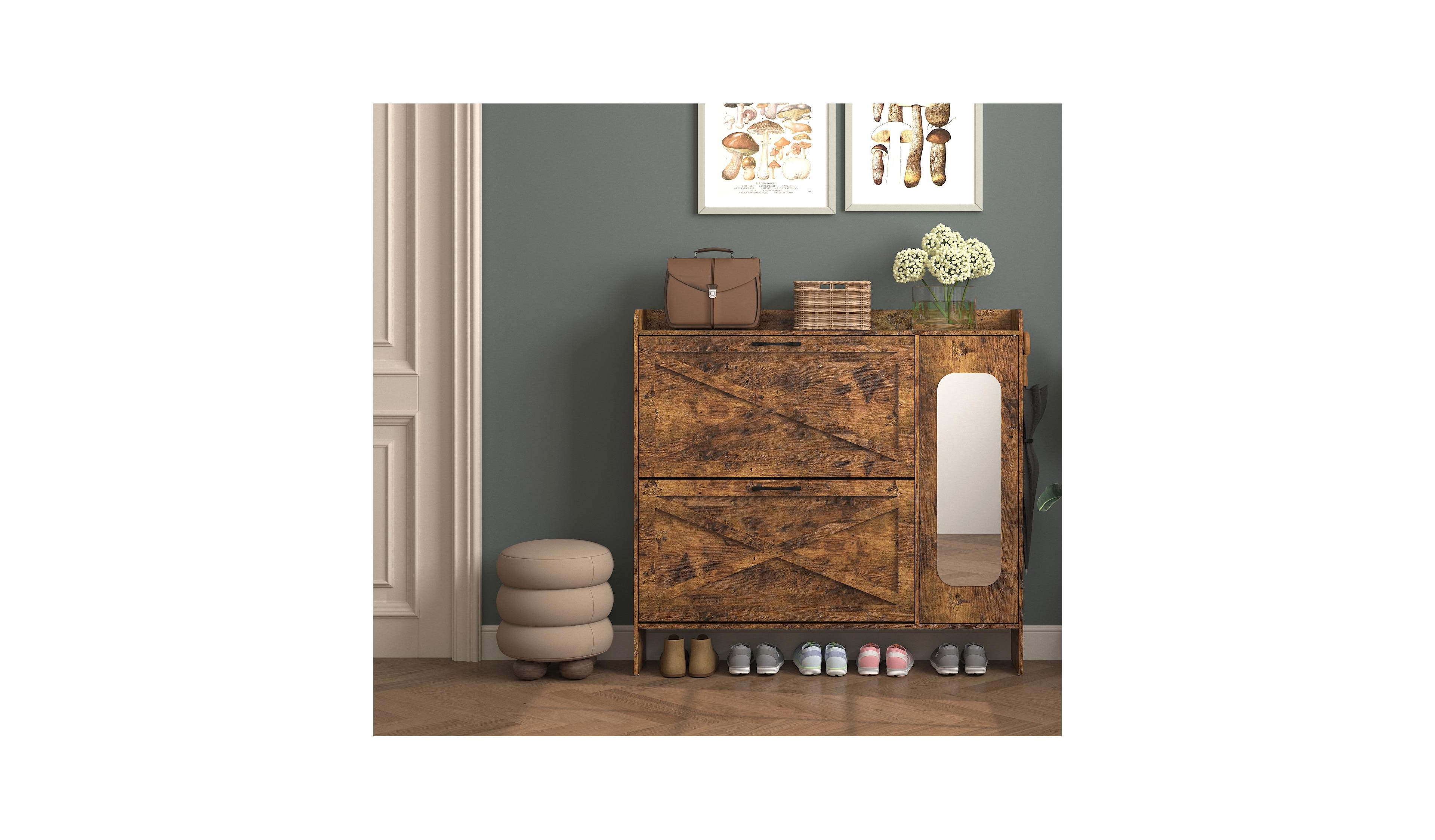 Lovmor Large Mirrored Shoe Cabinet Adjustable Flip Drawers Storage Bench Entryway Rack