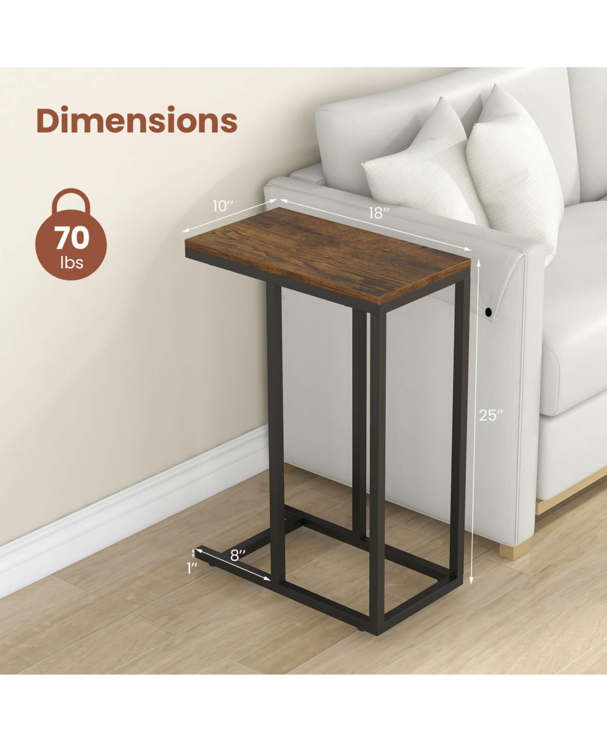 Costway C-shaped Side Table Industrial Sofa with Heavy-duty Metal Frame