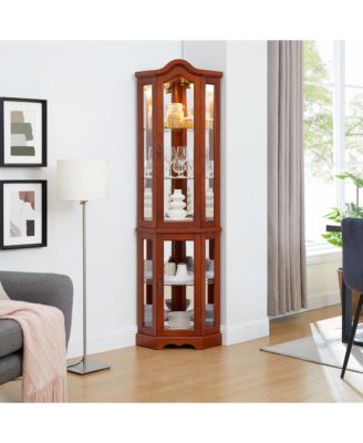 Corner Curio Cabinet with Light System Mirrored Back Adjustable Shelves and Walnut Finish