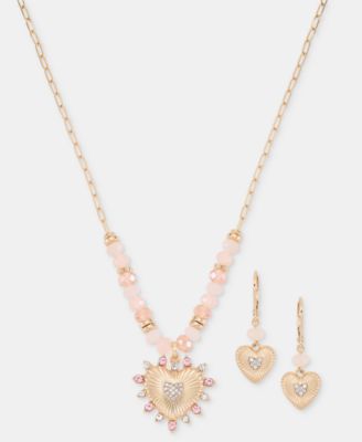 Crystal Heart Beaded Pendant Necklace & Drop Earrings Set