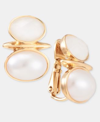 Stone & Mother-of-Pearl Snowman Clip-On Button Earrings