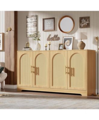 59” Sideboard Buffet Cabinet - Large Credenza Storage with 4 Rattan Doors, Modern Console Table Accent Coffee Bar Cabinet