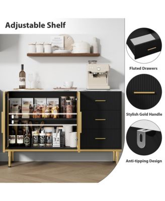 Fluted Sideboards Buffets Cabinet with Glass Doors, 3 Drawers, Marble Top Kitchen Sideboard Cabinet