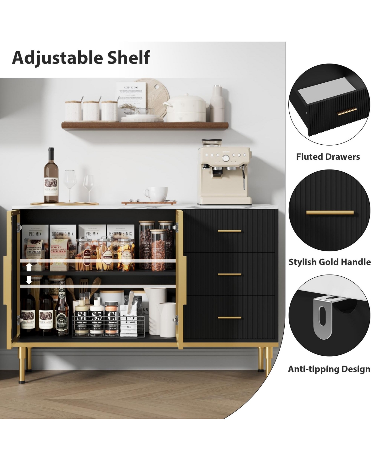 gaomon Fluted Sideboards Buffets Cabinet with Glass Doors, 3 Drawers, Marble Top Kitchen Sideboard Cabinet