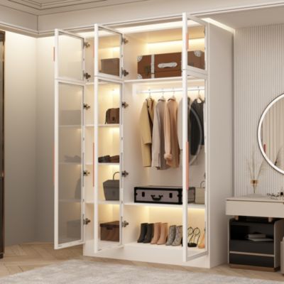 47 Inch W Glass Doors Armoires Metal Frame Wardwore with LED Lights, Hanging Rod (74.8 in. H x 19.2 in. D
