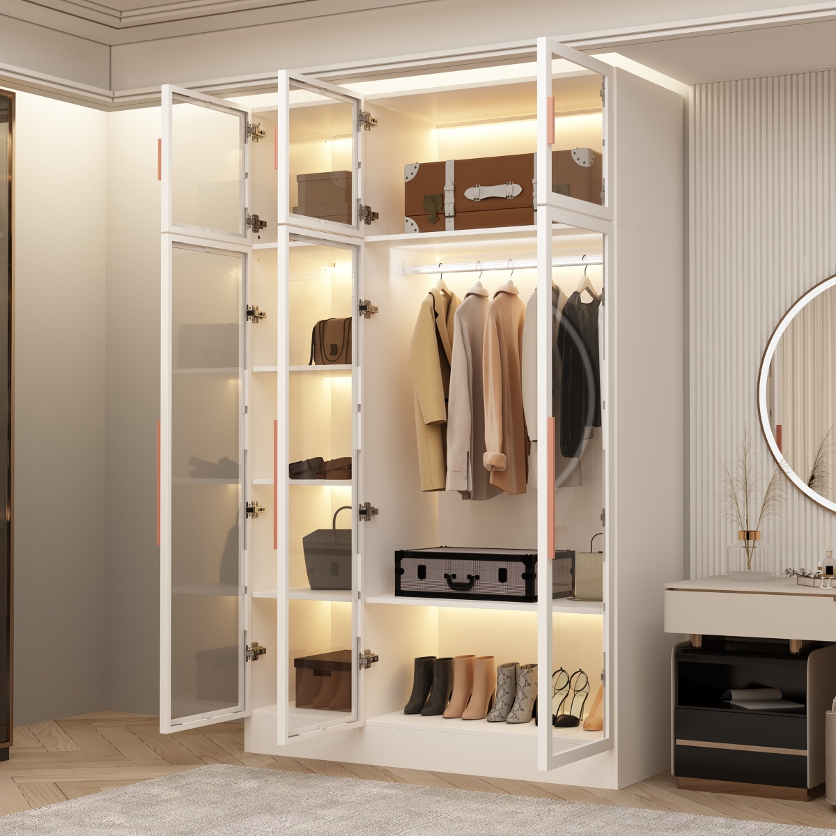 Homsee 47 Inch W Glass Doors Armoires Metal Frame Wardwore with Led Lights, Hanging Rod (74.8 in. H x 19.2 in. D