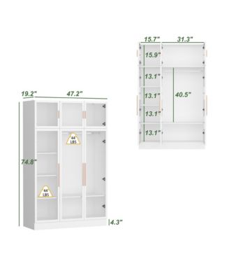 47 Inch W Glass Doors Armoires Metal Frame Wardwore with LED Lights, Hanging Rod (74.8 in. H x 19.2 in. D