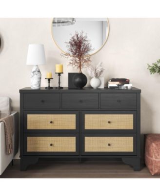 Dresser for Bedroom with 7 Drawers, Wide Chest of Drawers with Rattan Fronts and Sturdy Base for Entryway or Hallway