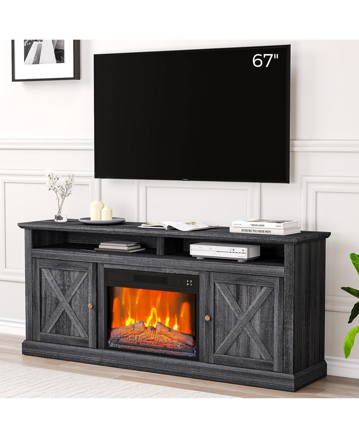 gaomon 67" Fireplace Tv Stand, 23" Color Adjustable Insert, Remote Control, Timer, Wood Media Console with Cabinets